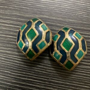 Geometric  vintage enamel Green and Blue Clip-On Earrings